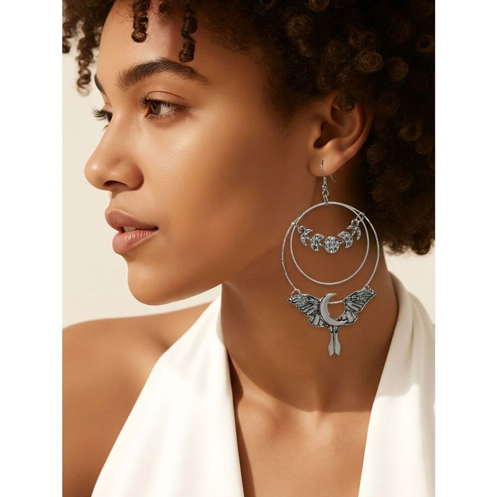 Celestial Moon Moth Hoop Earrings Oversized Silver Dangle Butterfly Goth Fairy